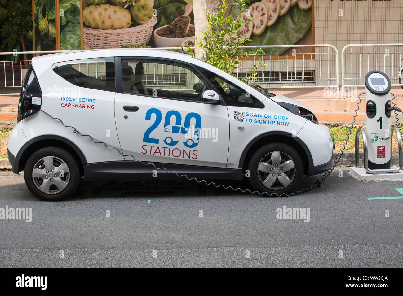 A charging station at the approved roadside for electric car to be charged. Singapore, Southeast