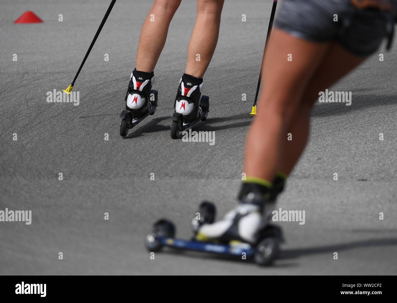 Ruhpolding, Germany. 12th Sep, 2019. Biathletes train on roller skis at the Biathlon Media Day of the German Ski Association. Credit: Angelika Warmuth/dpa/Alamy Live News Stock Photo