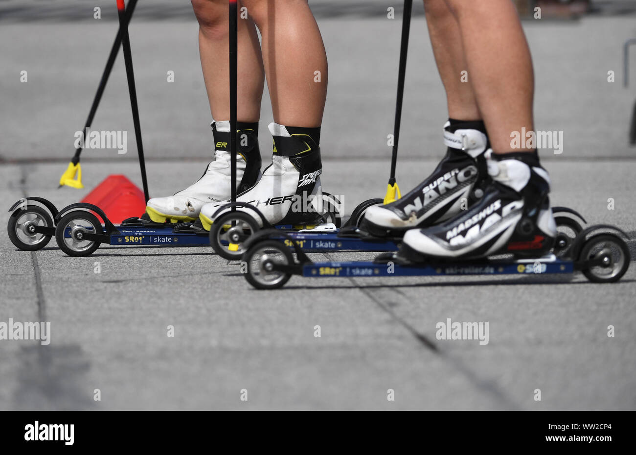 Ruhpolding, Germany. 12th Sep, 2019. Biathletes train on roller skis at the Biathlon Media Day of the German Ski Association. Credit: Angelika Warmuth/dpa/Alamy Live News Stock Photo