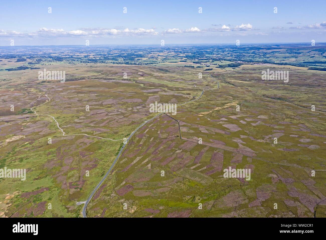 Grinton Moor above Swaledale in Yorkshire Dales, July.  Aerial image showing patchwork pattern where moor has been burnt on rotation for maximising ha Stock Photo