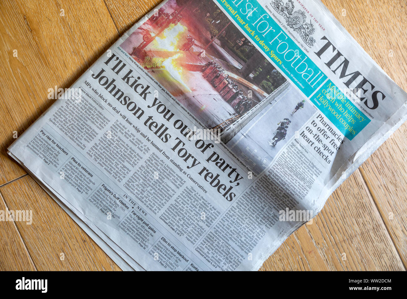 Front page headlines Times newspaper Boris Johnson threatening Tory rebels with removal of party whip September 2 2019 Stock Photo