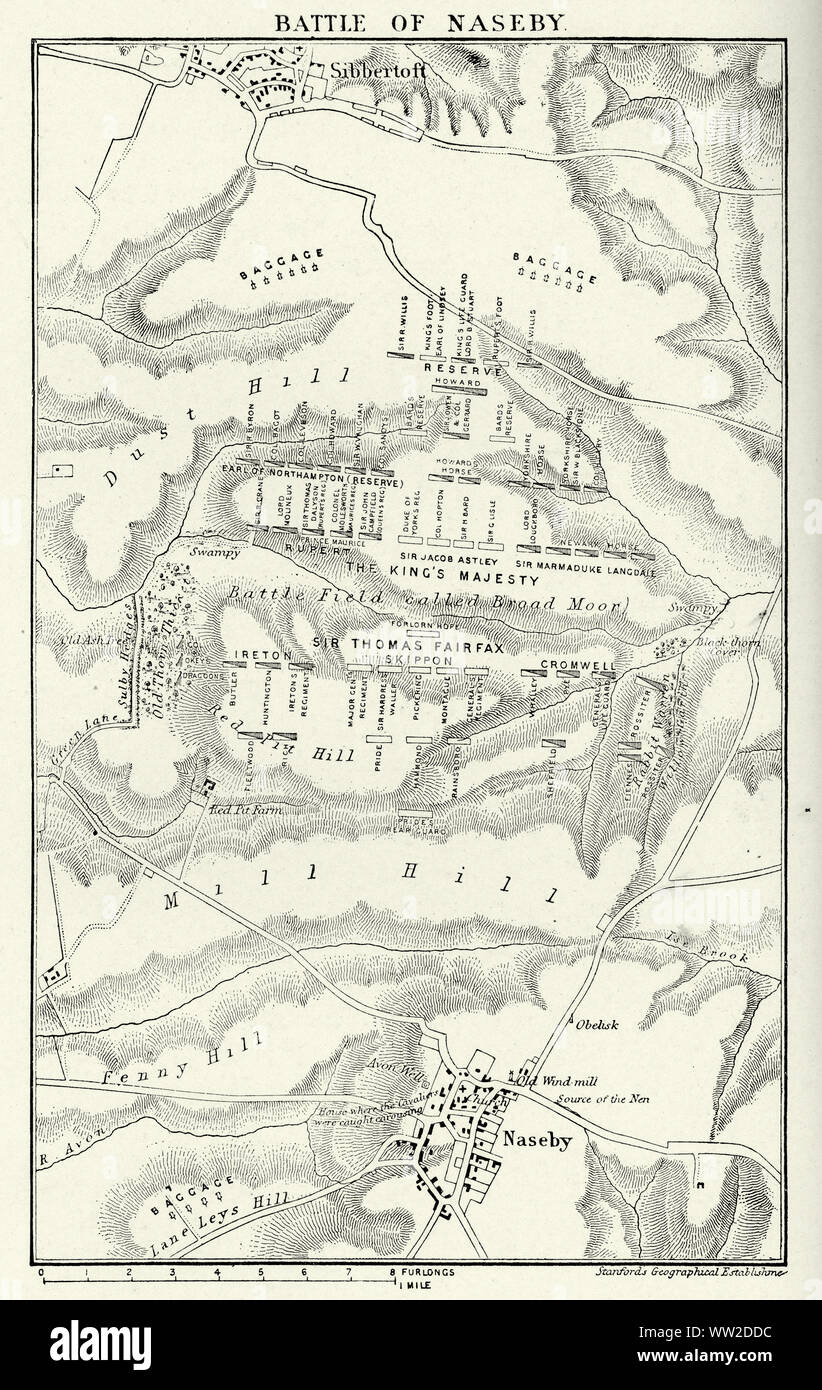 Battle of Naseby was a decisive engagement of the First English Civil War, fought on 14 June 1645 between the main Royalist army of King Charles I and the Parliamentarian New Model Army, commanded by Sir Thomas Fairfax and Oliver Cromwell. Stock Photo