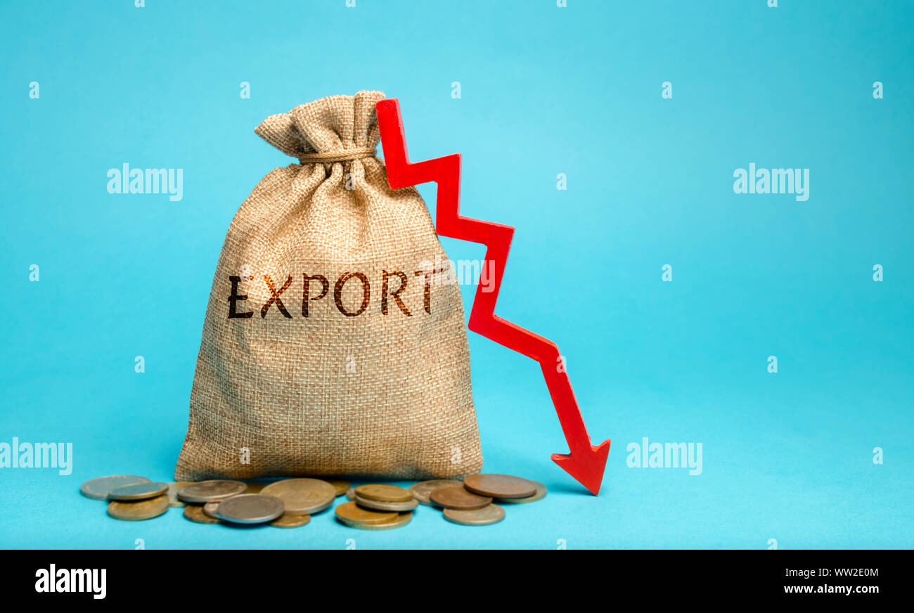 Money bag with the word Export and down arrow. Decrease in export volumes. High competition. Logistics problems and lack of transport. Low demand for Stock Photo