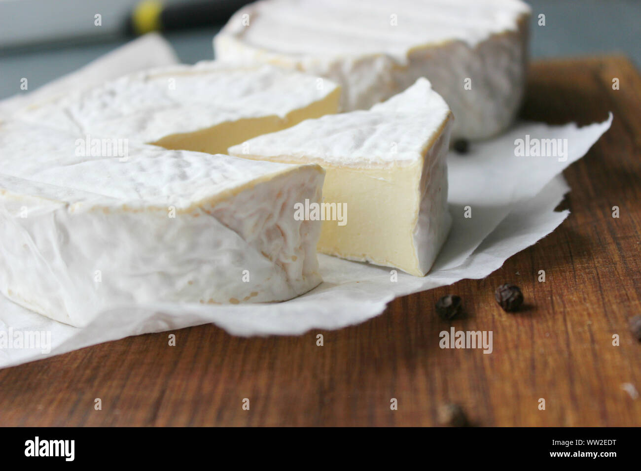 Camembert cheese. Farm products, rustic cheese. Copy space Stock Photo