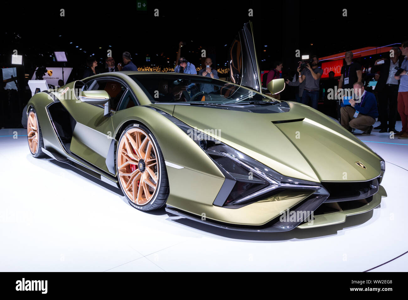 FRANKFURT, GERMANY - SEP 10, 2019: Lamborghini Sian FKP 37 sports car unveiled at the Frankfurt IAA Motor Show 2019. Stock Photo