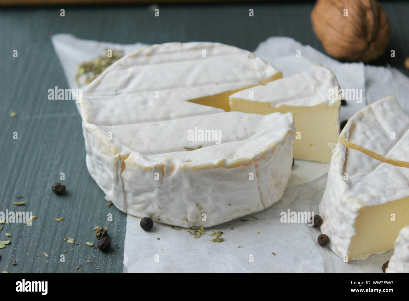 Camembert cheese. Farm products, rustic cheese. Copy space Stock Photo