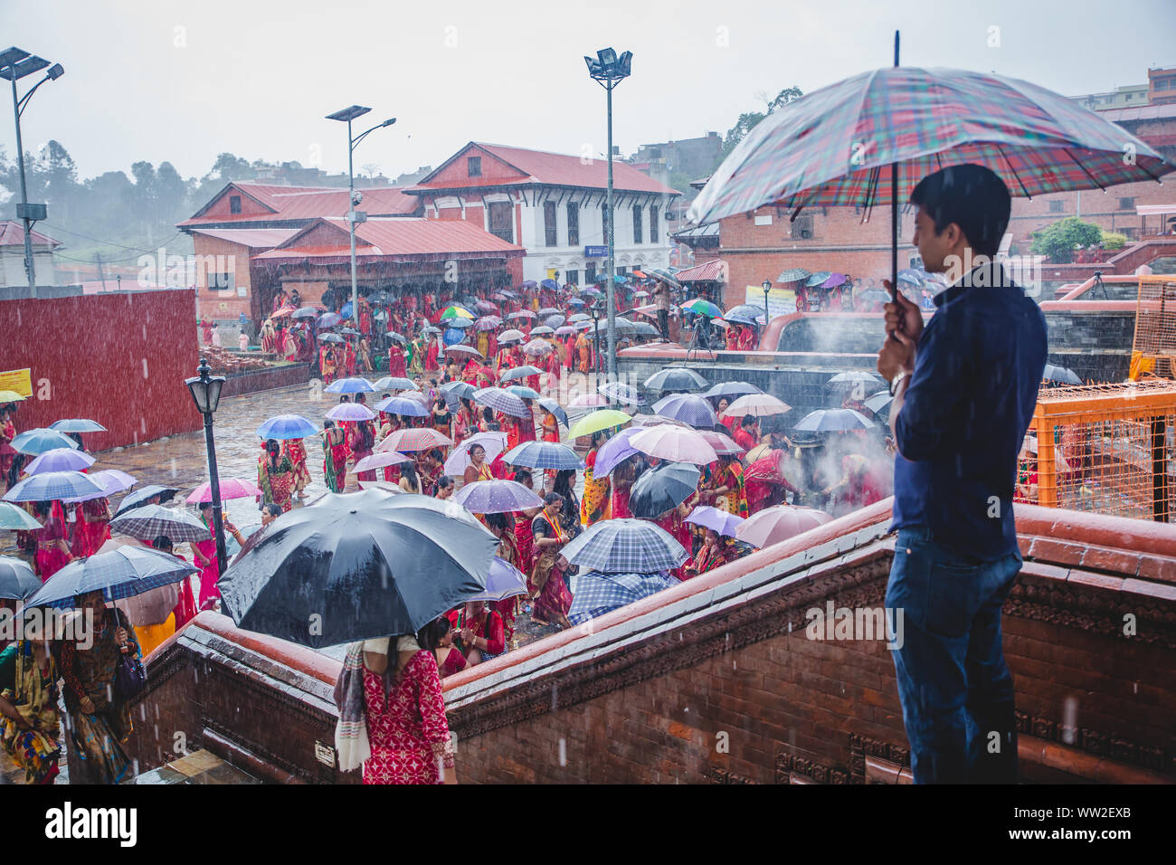 kathmandu,Nepal Sep 2,2019 Hindu women with umbrellas while raining