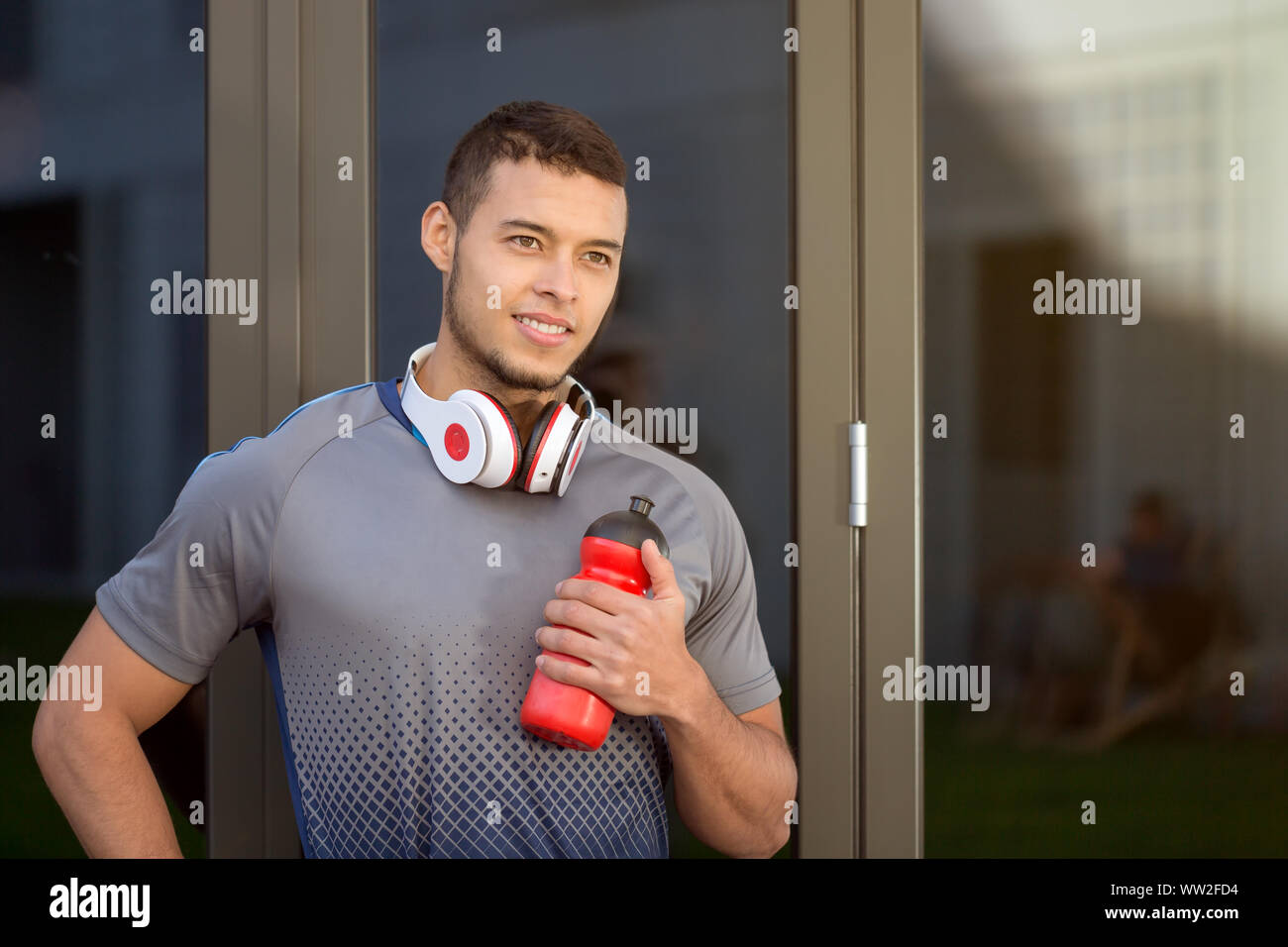 Sports training young latin man daydreaming day dreaming runner copyspace copy space running fitness outdoor Stock Photo