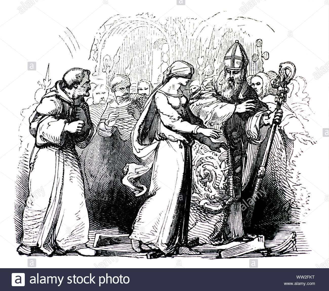 Queen Emma of Normandy, wife of King Canute, walking over red hot ploughshares, vintage illustration from 1850 Stock Photo