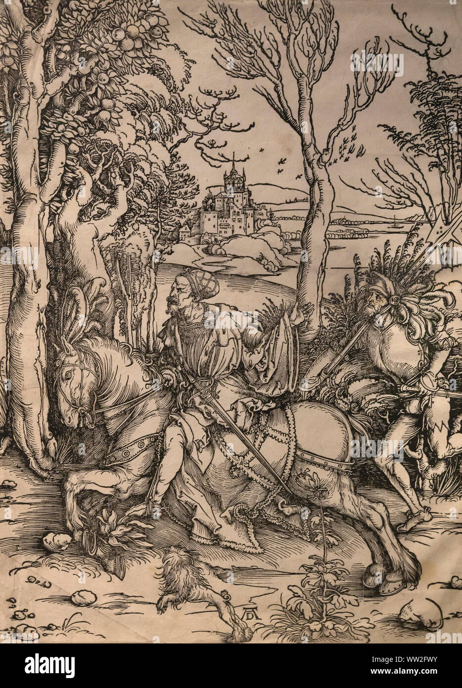 Knight on Horseback and a Lansquenet, Albrecht Durer, 1496, Woodcut, Stock Photo