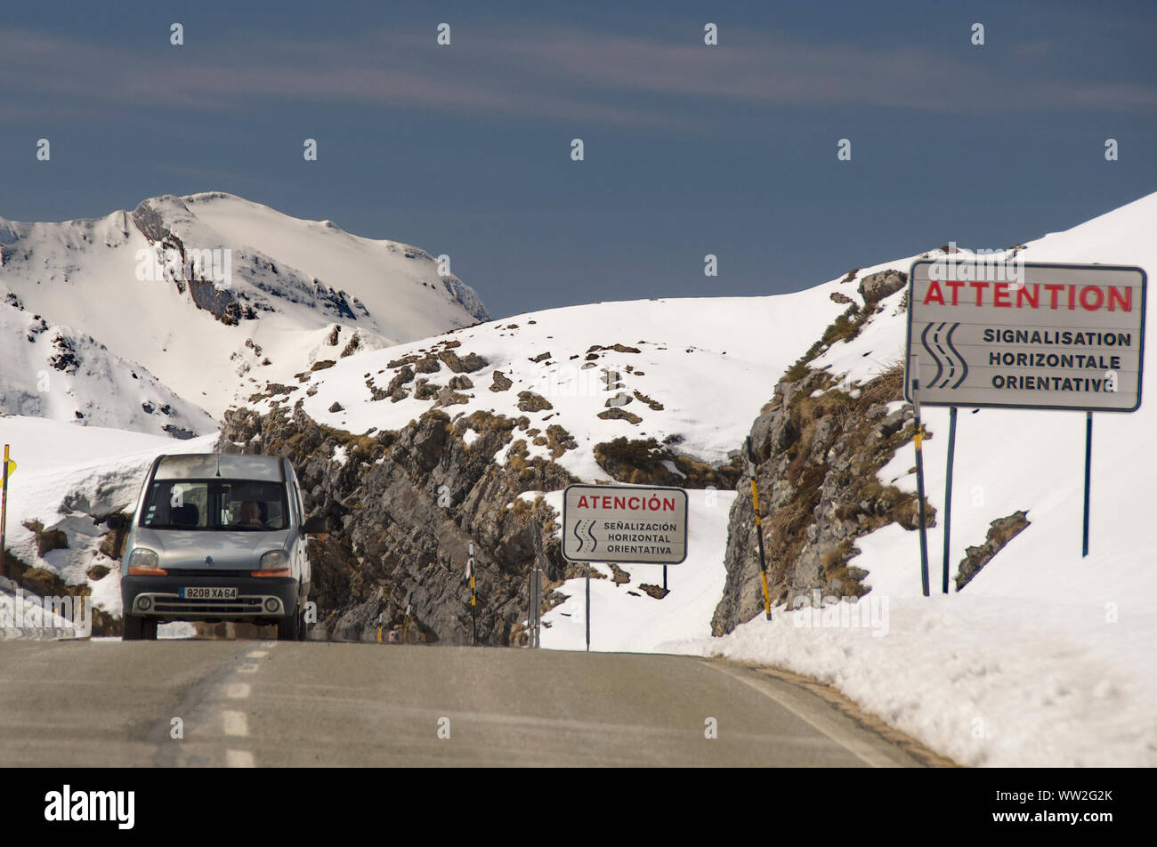 The roads of the Spanish Pyrenees of Navarra in winter time Stock Photo