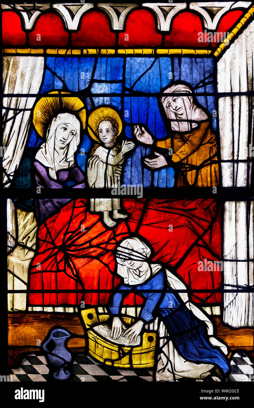 The Birth of Mary, Life of Jesus Christ and the Virgin Mary, circa 1440-1446, German Stained Glass, 15th century, Boppard-am-Rhein, Germany, Stock Photo