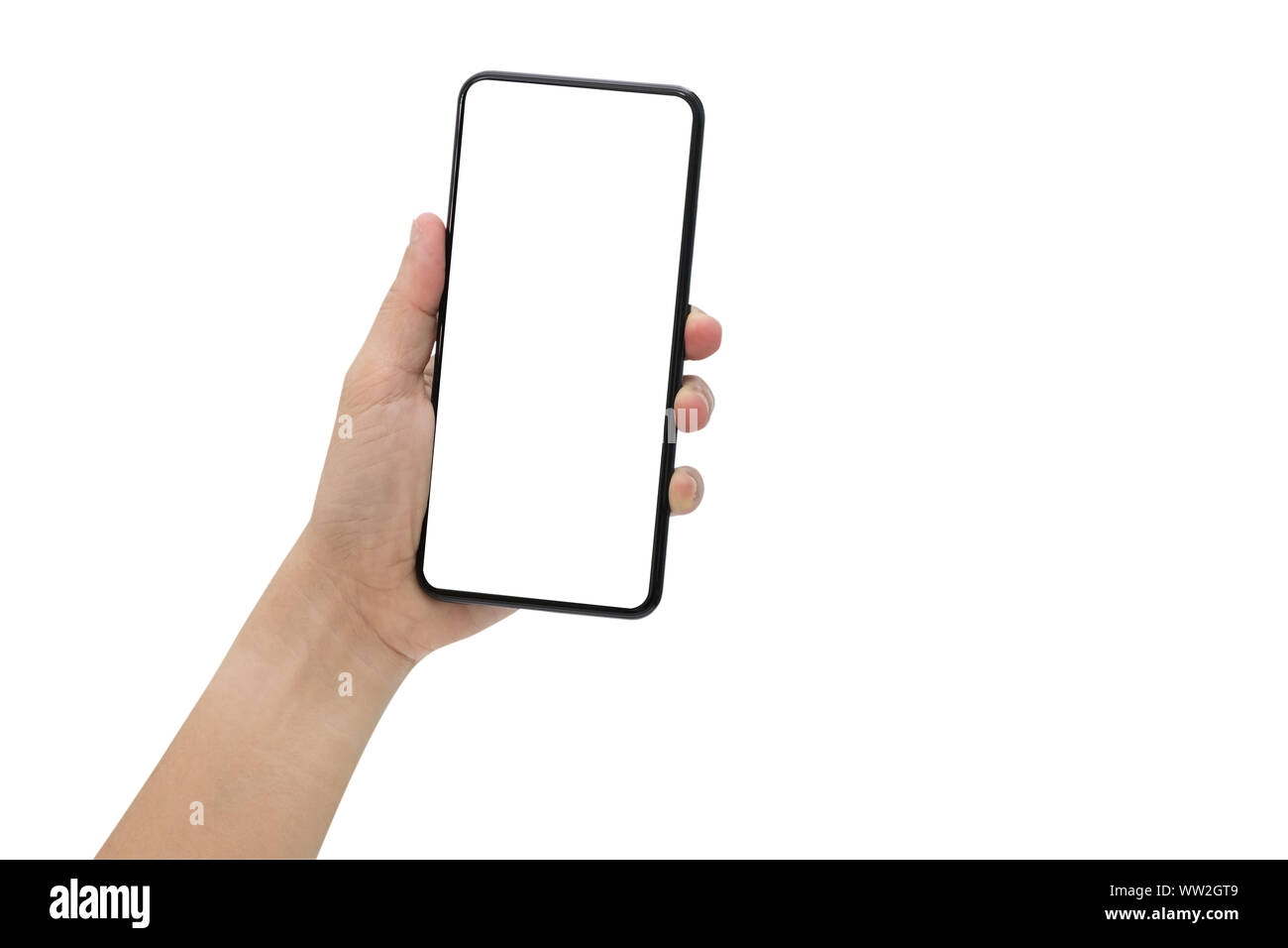 Hand holding black mobile phone with blank screen isolated on white ...