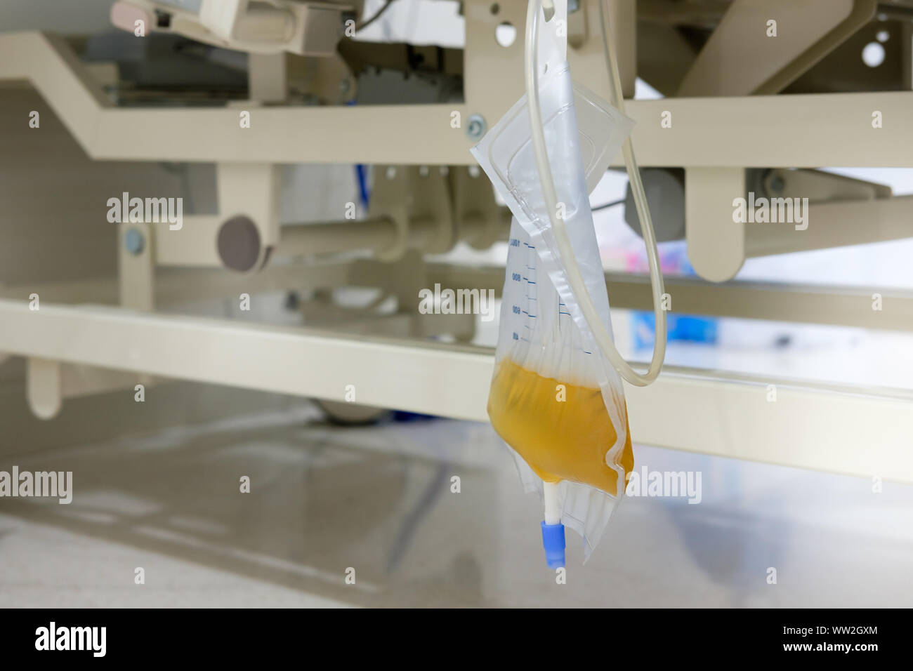 Urine or pee catheter bag hang under patient bed in hospital Stock