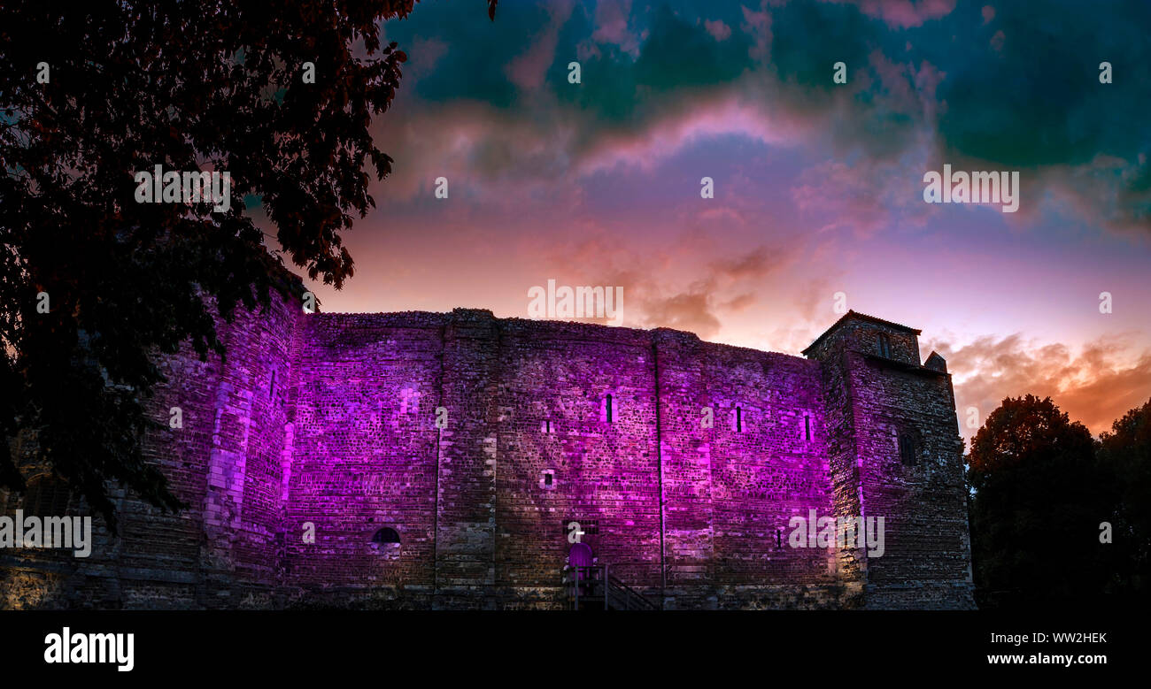 THE SIDE OF COLCHESTER CASTLE MUSEUM EVENING FLOODLIT Stock Photo
