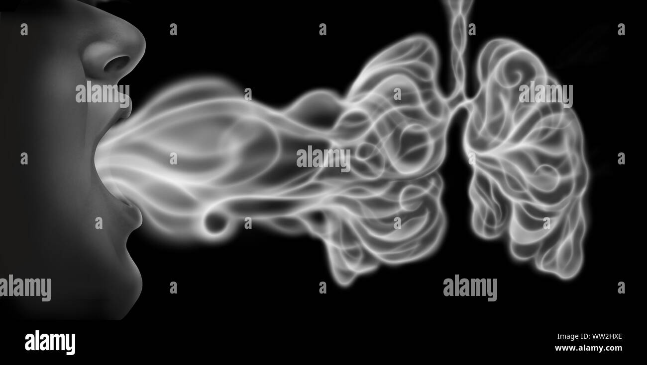 Vaping and lung disease health risk as a person exhaling steam smoke or