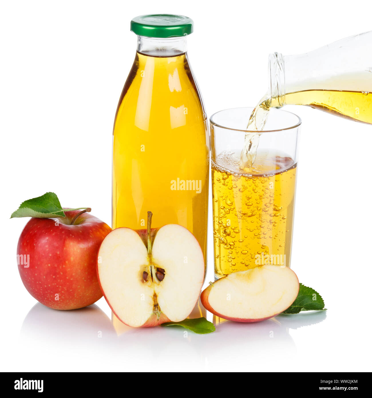 Apple juice pouring pour organic apples fruit fruits square isolated on a white background Stock Photo
