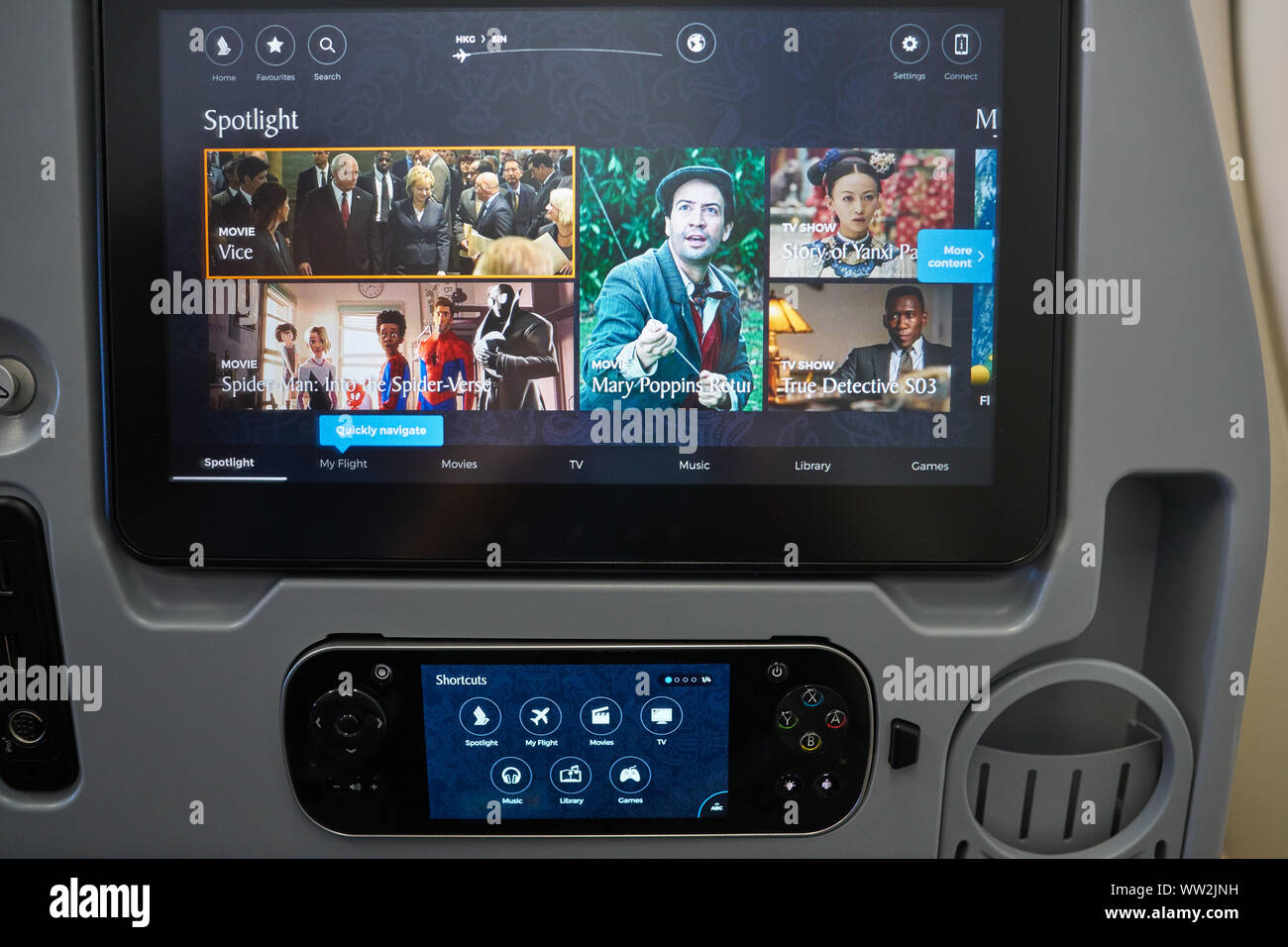 HONG KONG - CIRCA APRIL, 2019: seat back screen in economy class on ...