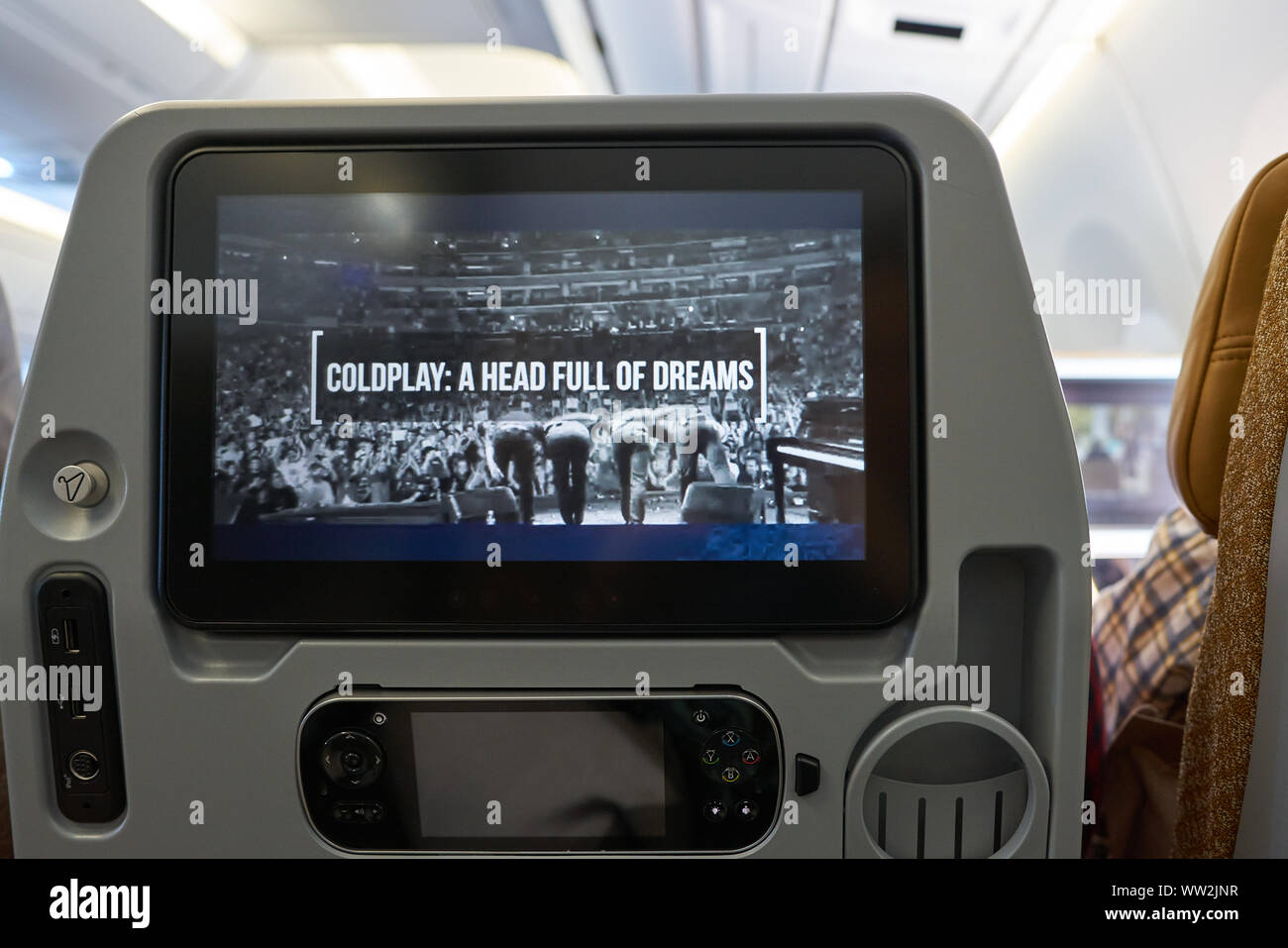 HONG KONG - CIRCA APRIL, 2019: seat back screen in economy class on ...