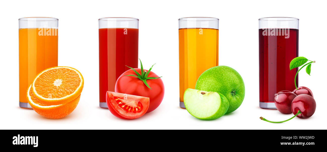 Glasses of different juice, fruits and berries isolated on white background Stock Photo