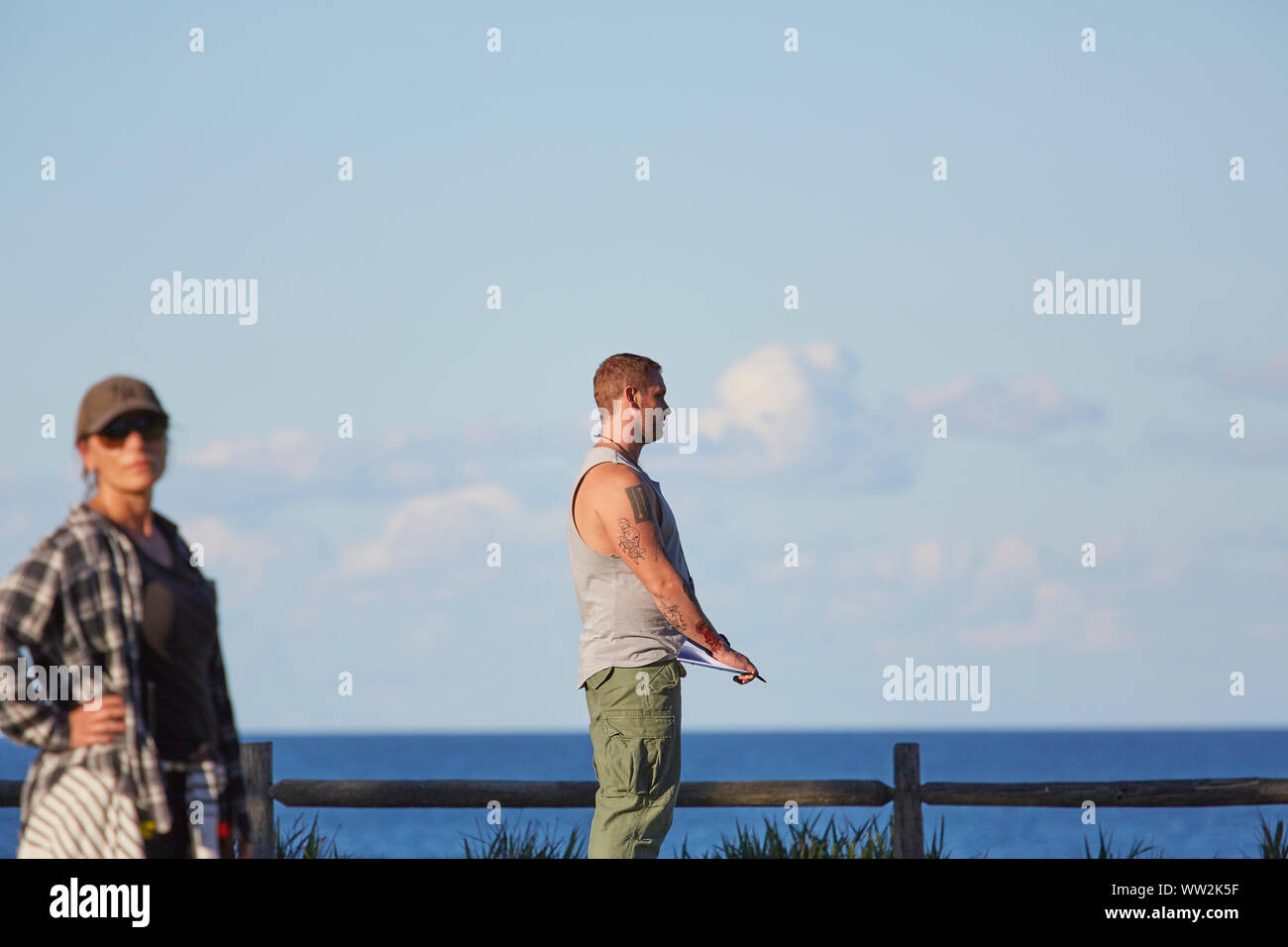 Actor Jake Ryan who plays Robbo prepares to film an outdoor scene of Home & Away tv series at Palm Beach, Australia Stock Photo