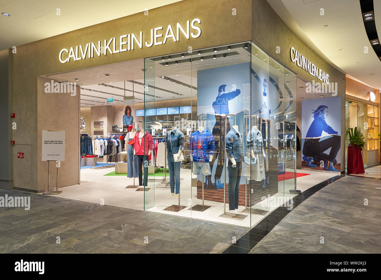 SINGAPORE - CIRCA APRIL, 2019: entrance to Calvin Klein Jeans store in ...