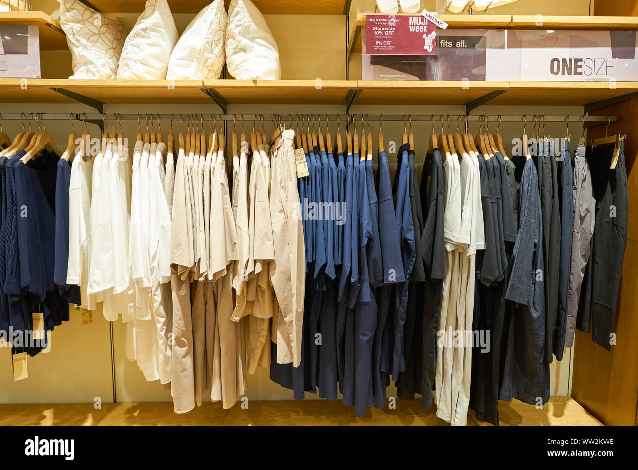 SINGAPORE - CIRCA APRIL, 2019: clothes on display at Muji store in ...