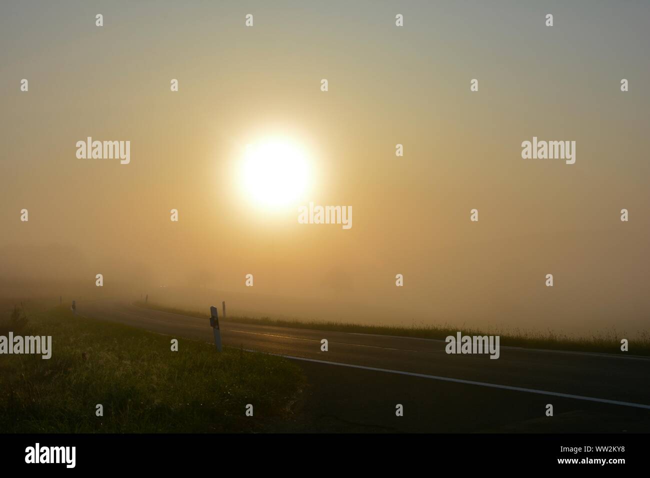 Road with fog at sunrise hi-res stock photography and images - Alamy