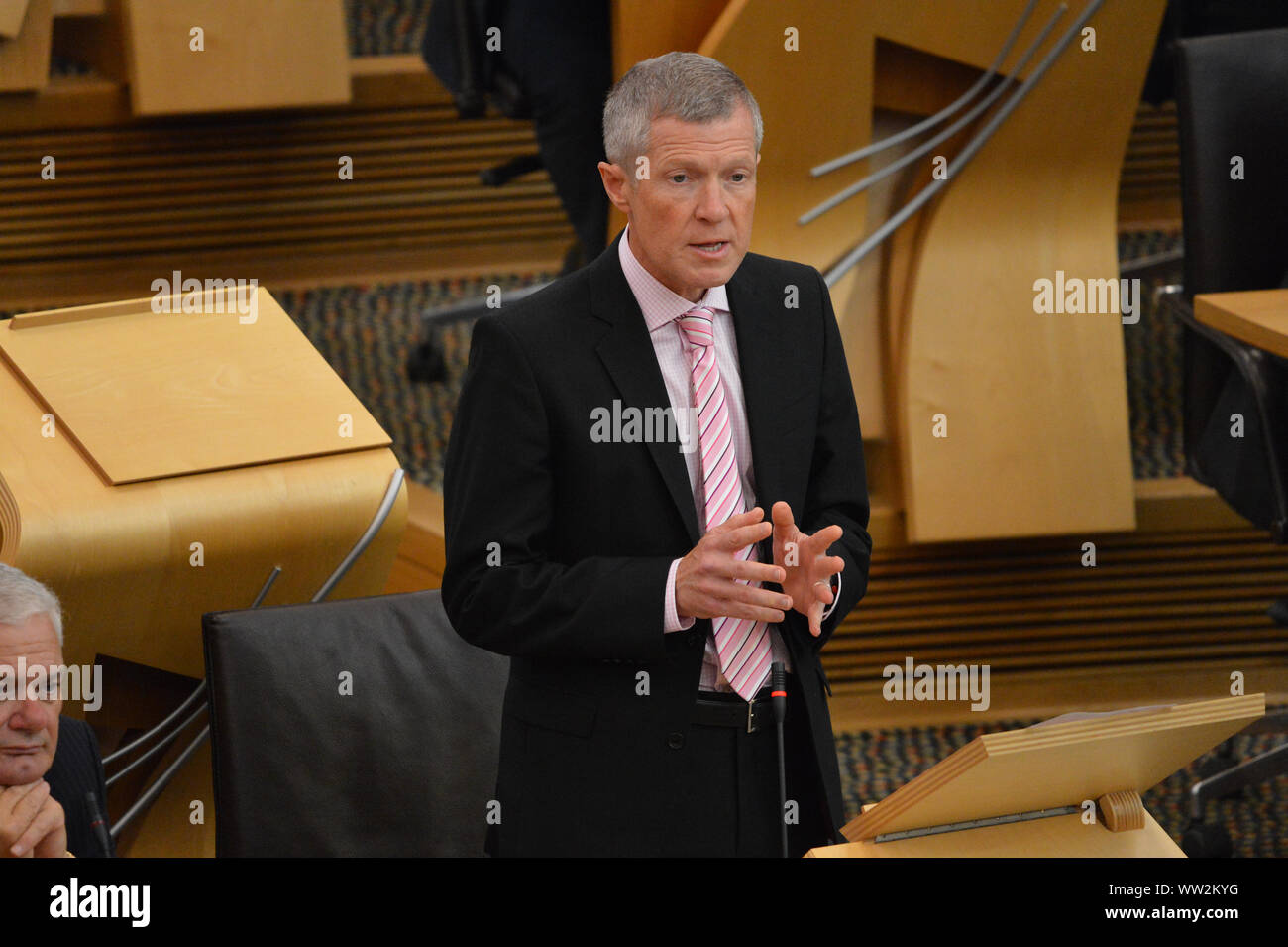 Edinburgh, UK. 12th Sep, 2019. Pictured: Willie Rennie MSP - Leader of the Scottish Liberal Democrat Party. Weekly session of First Ministers Questions as the Scottish Parliament tries to steer a path through the fallout of the latest Brexit mess and prevent Scotland from leaving the EU. Credit: Colin Fisher/Alamy Live News Stock Photo