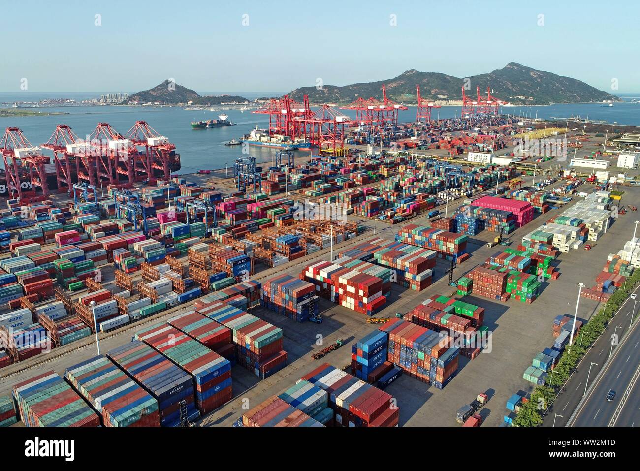 A view of a container terminal at Lianyungang Port in Lianyungang City ...