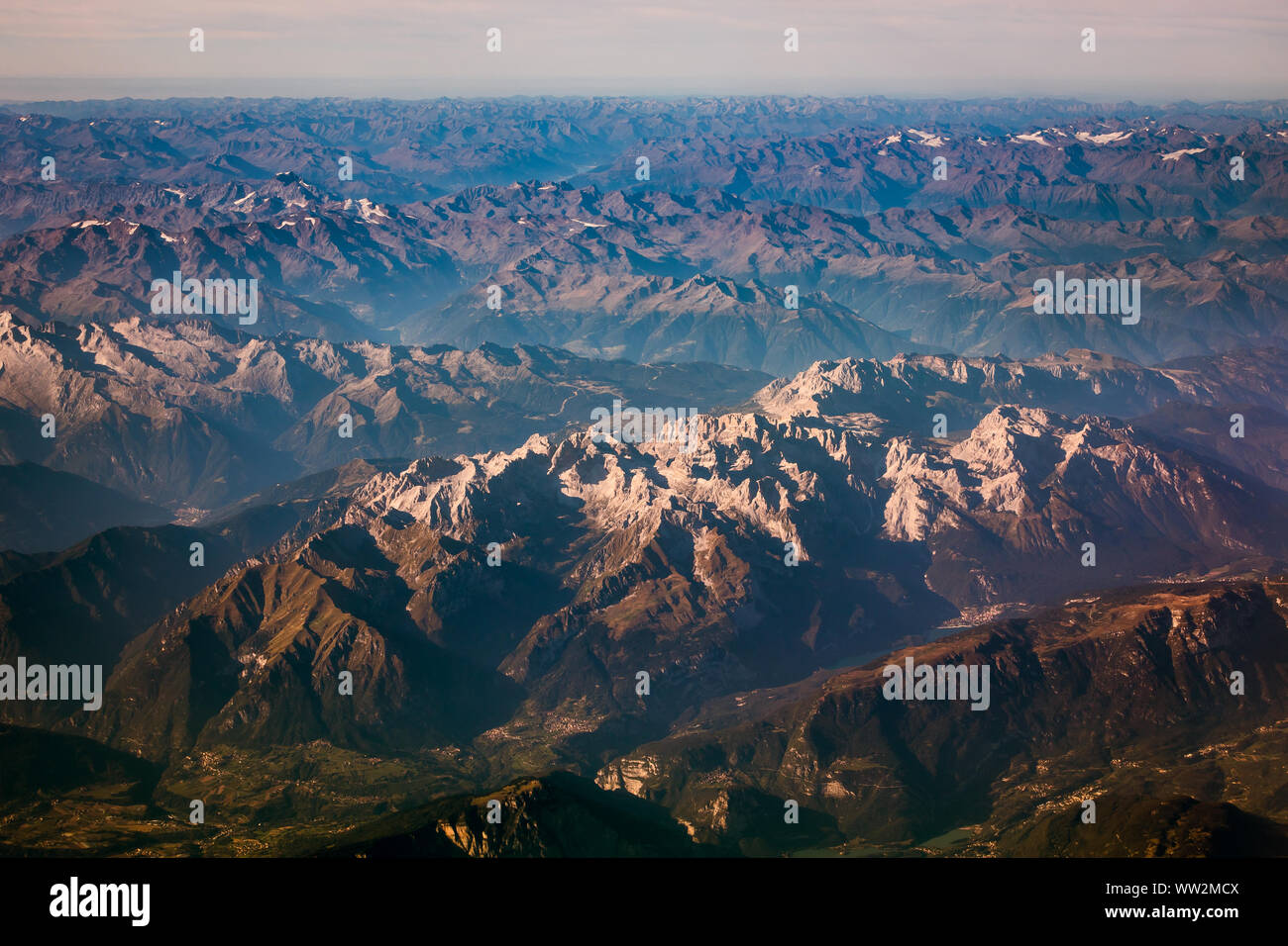 Alps in the morning, aerial landscape view, beginning of autumn Stock Photo