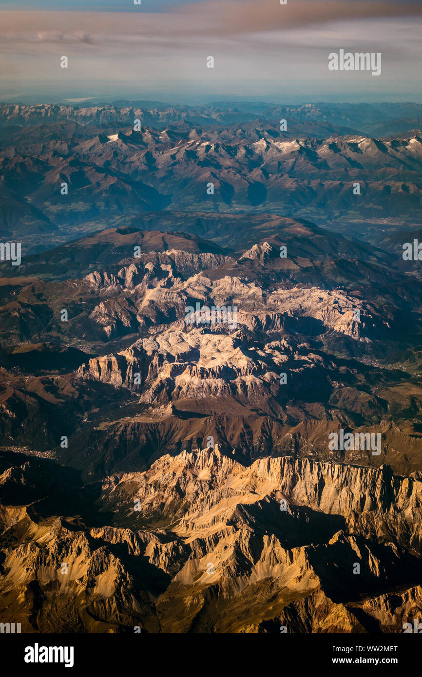 Alps in the morning, aerial portrait view, beginning of autumn Stock Photo