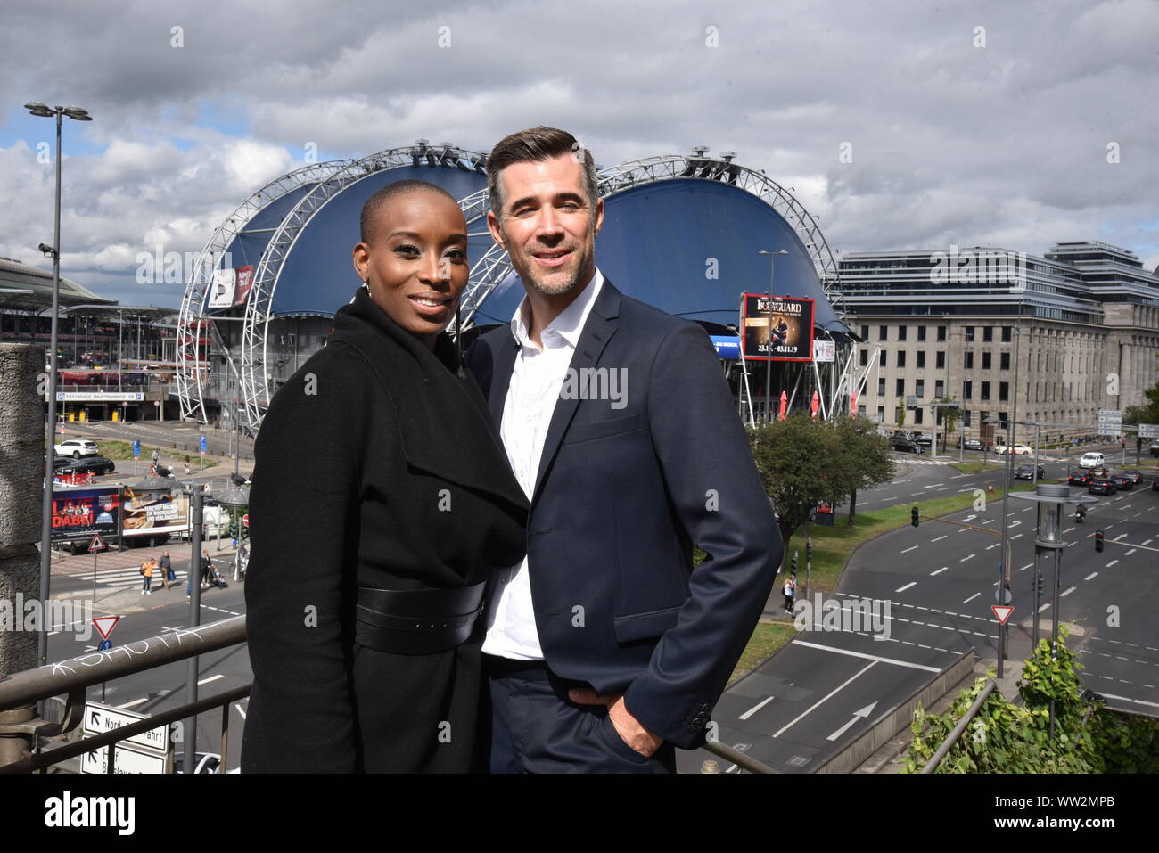 Cologne, Germany. 12th Sep, 2019. The actor Jo Weil and the singer Aisata Blackman install a love castle on the Hohenzollern Bridge in Cologne. Both play the leading role in the musical Bodyguard, which will also be guest in the musical Dome Köln from 23.10.2019. Credit: Horst Galuschka/dpa/Horst Galuschka dpa/Alamy Live News Stock Photo