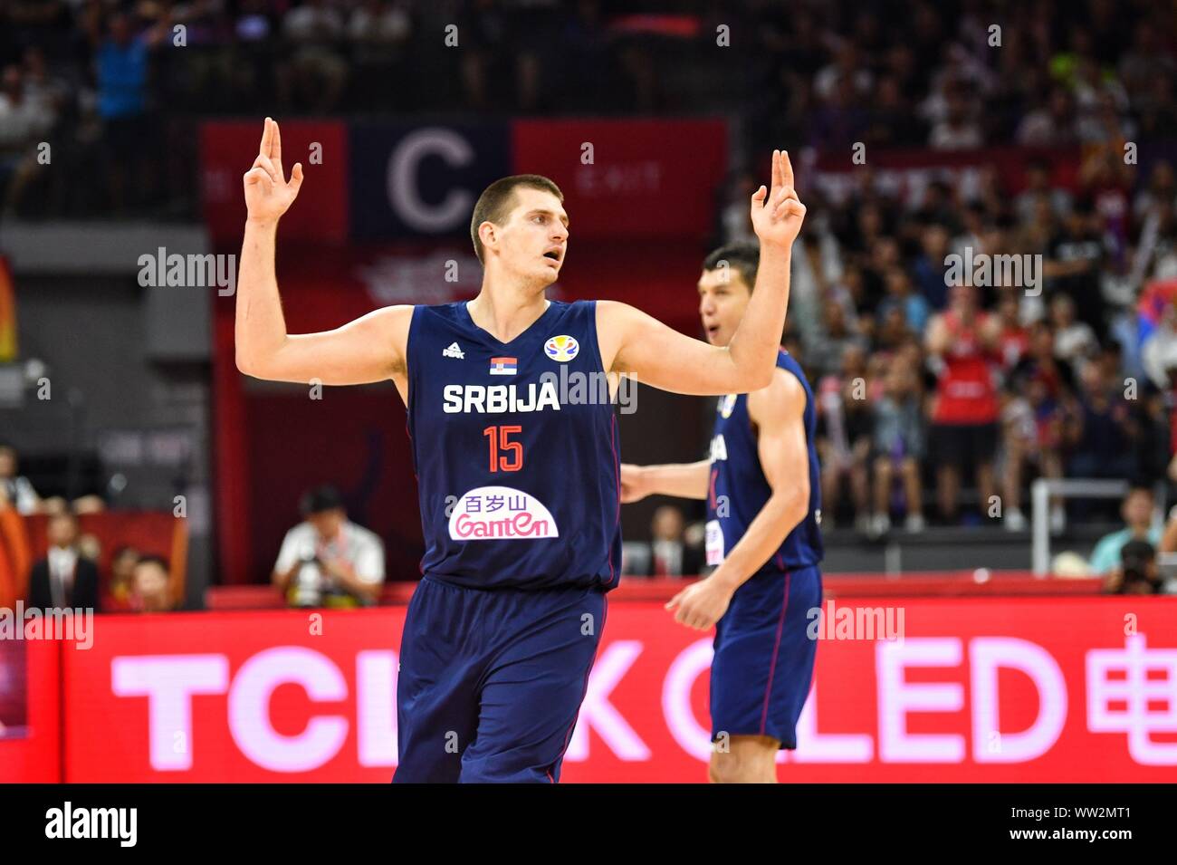 Nikola JOKIC of Serbia reacts during their Group D match of the FIBA Basketball World Cup 2019 against Italy in Foshan City, south China's Guangdong P Stock Photo