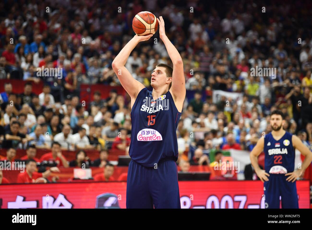 Nikola JOKIC of Serbia plays a penalty shot against Italy during their Group D match of the FIBA Basketball World Cup 2019 in Foshan City, south China Stock Photo