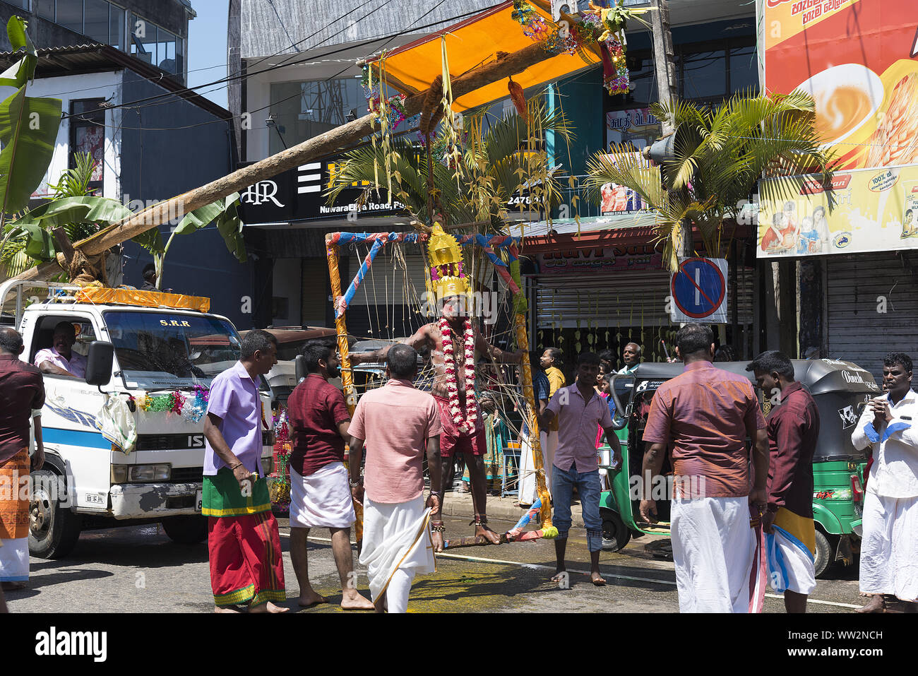 Pussellawa, Sri Lanka,  03/20/2019: Hindu festival of Thaipusam - body piercing rituals under the blood moon. Devotee hanging by skin Stock Photo