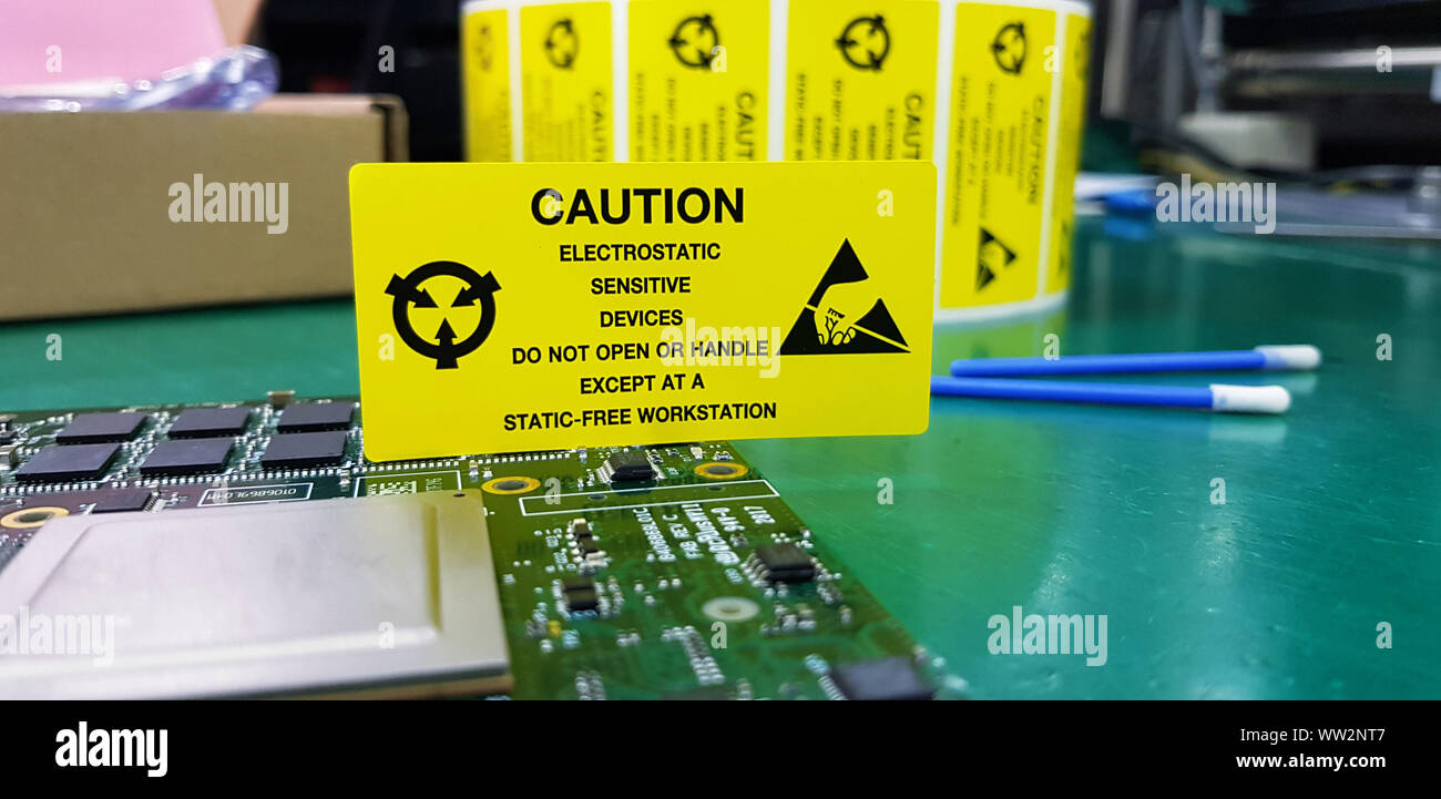 The yellow CAUTION label for Electrostatic Sensitive Devices (ESD) on