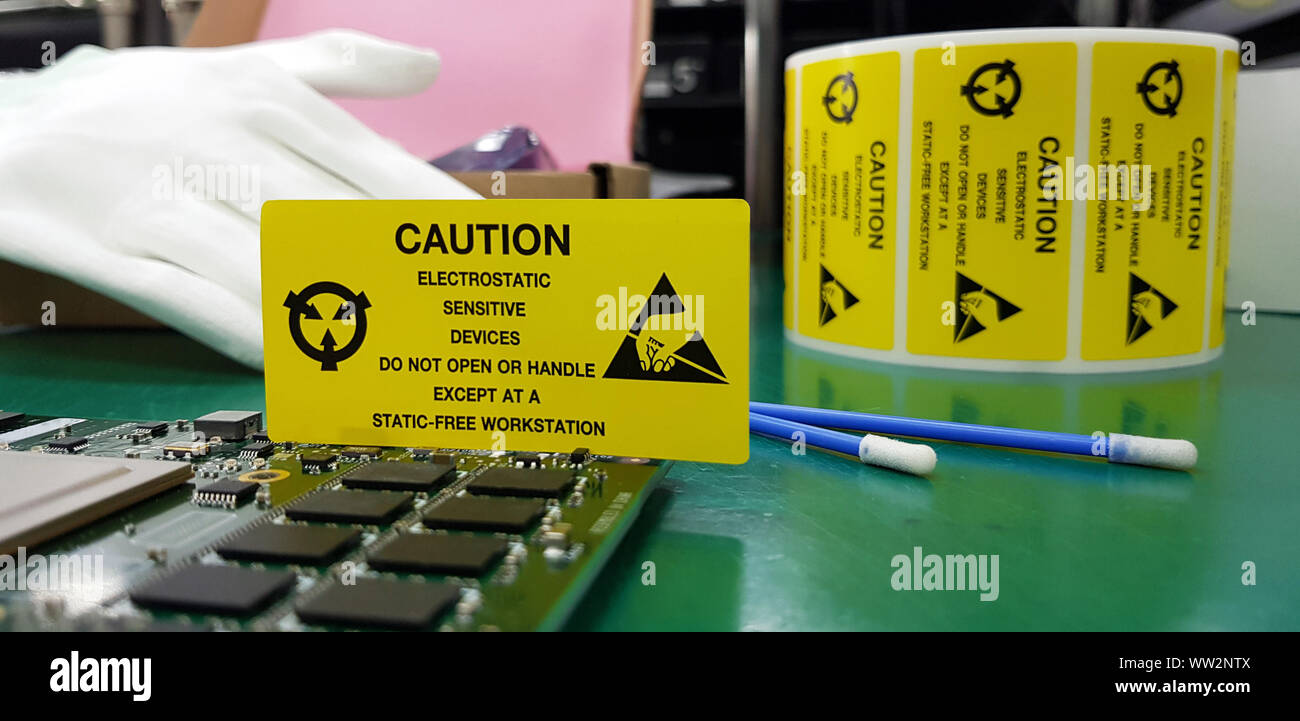 The yellow CAUTION label for Electrostatic Sensitive Devices (ESD) on