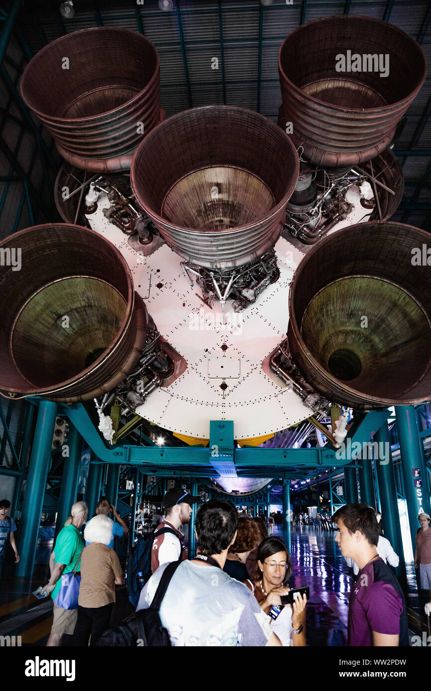 Saturn V rocket engine exhibit. Kennedy Space Center, Florida Stock Photo