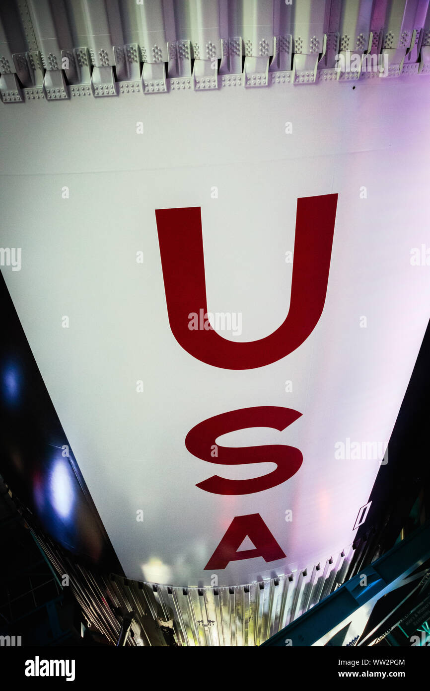 USA logo / graphic on the side of the Saturn V rocket exhibit at Kennedy Space Centre, Florida Stock Photo