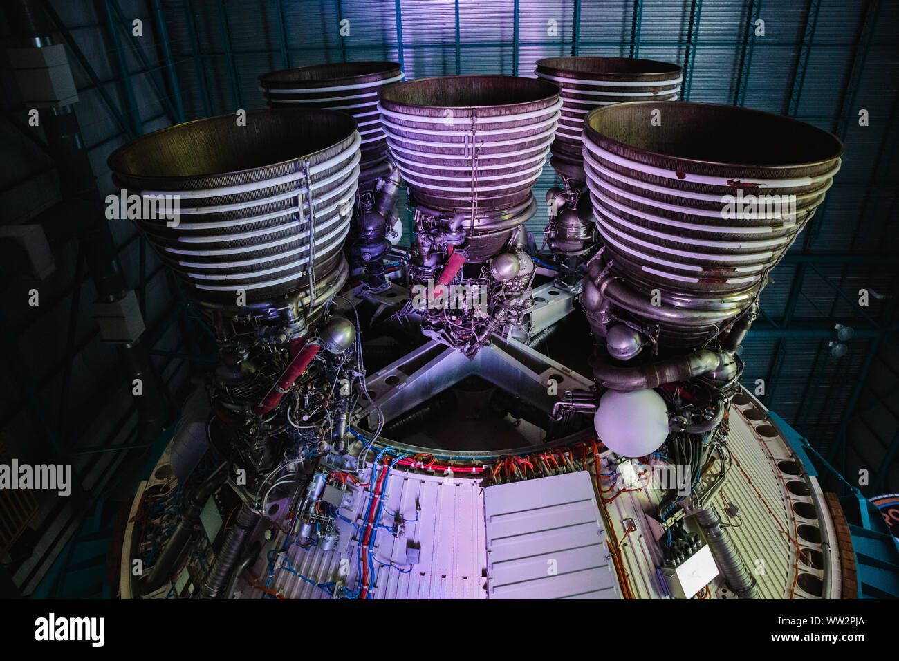 Saturn V rocket engine exhibit. Kennedy Space Center, Florida Stock Photo