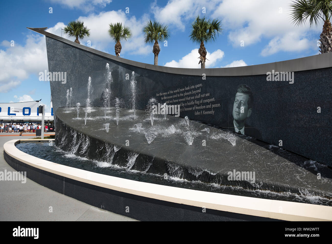 John F Kennedy monument at the entrance to the NASA Kennedy Space Centre, Florida Stock Photo