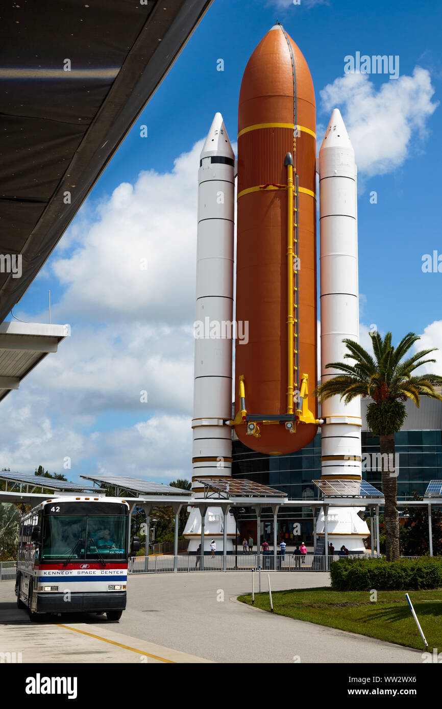 NASA, Kennedy Space Centre bus with Space Shuttle booster rockets and