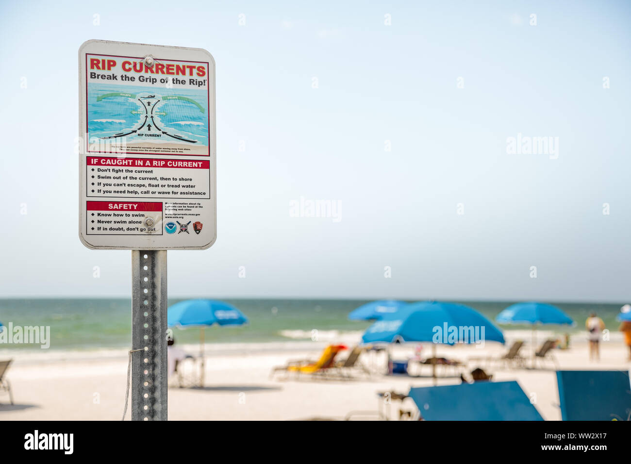 Rip Current warning sign. Gulf of Mexico, near Clearwater, Florida Stock Photo