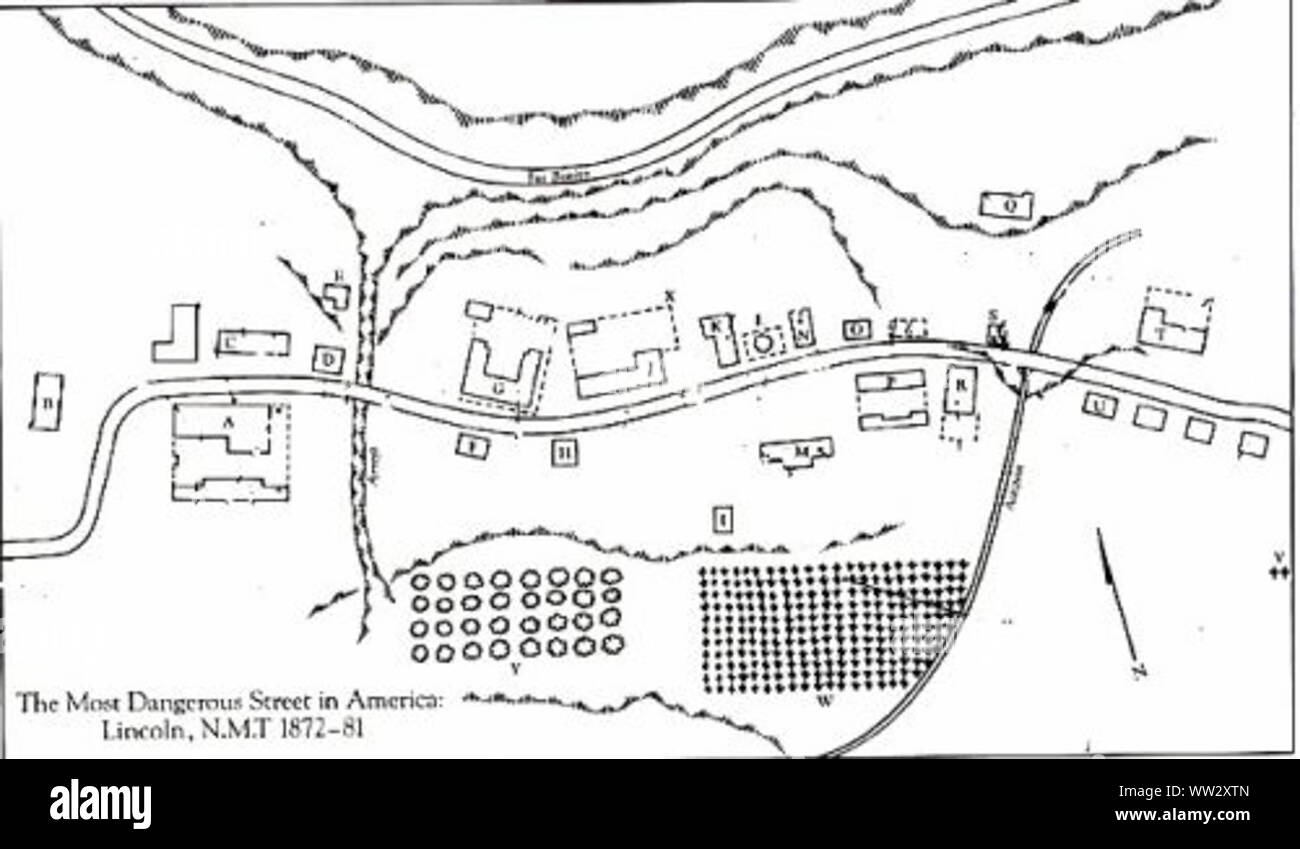 A map of Lincoln, New Mexico as it appeared between 1872 and 1881 Stock