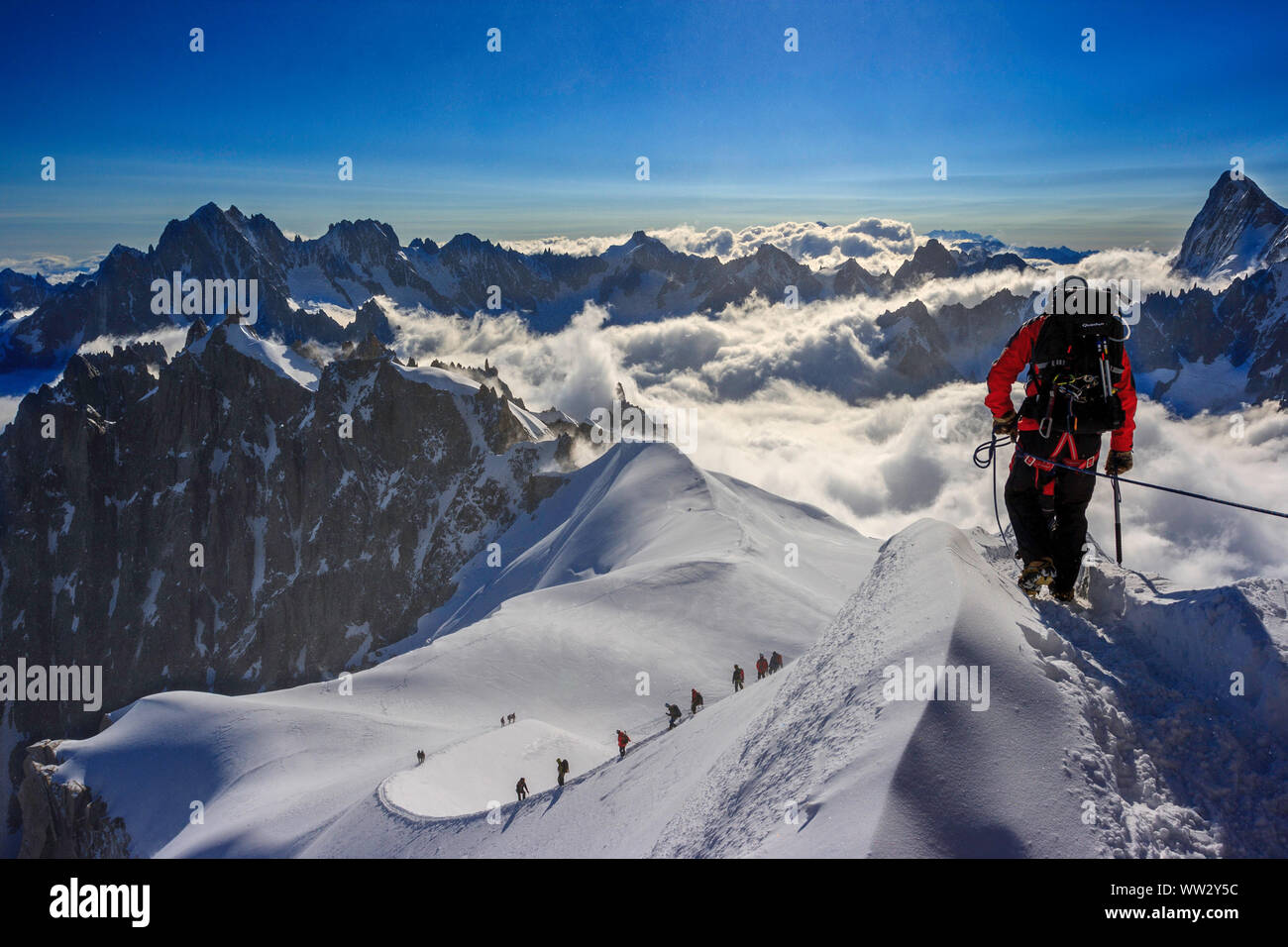 Mountain climbers descending from the Aiguille du Midi (Mount Blanc) Stock Photo