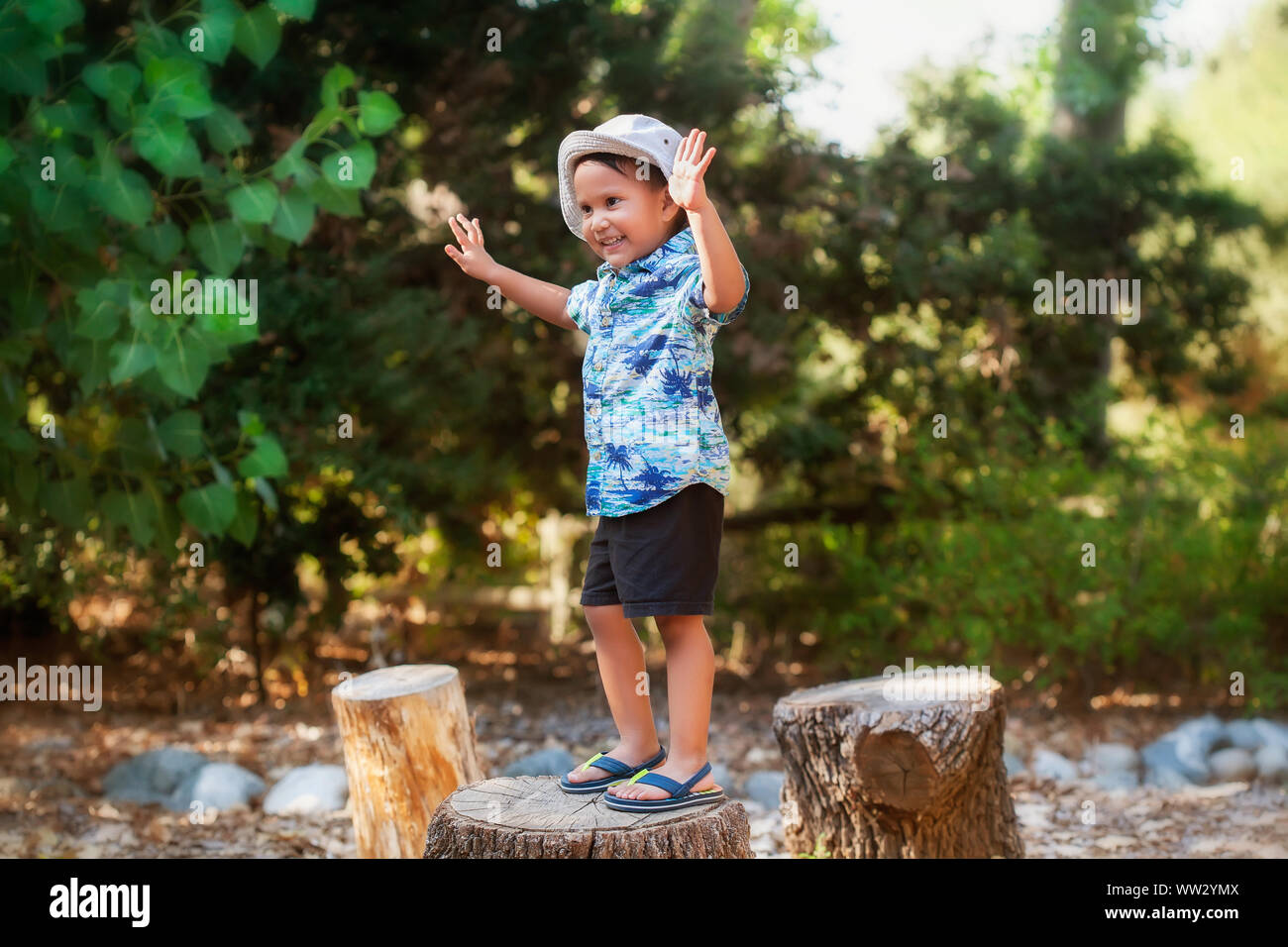 A smiling 3 year old boy in an outdoor setting, standing by himself on a wooden log, with arms stretched out getting balance. Stock Photo