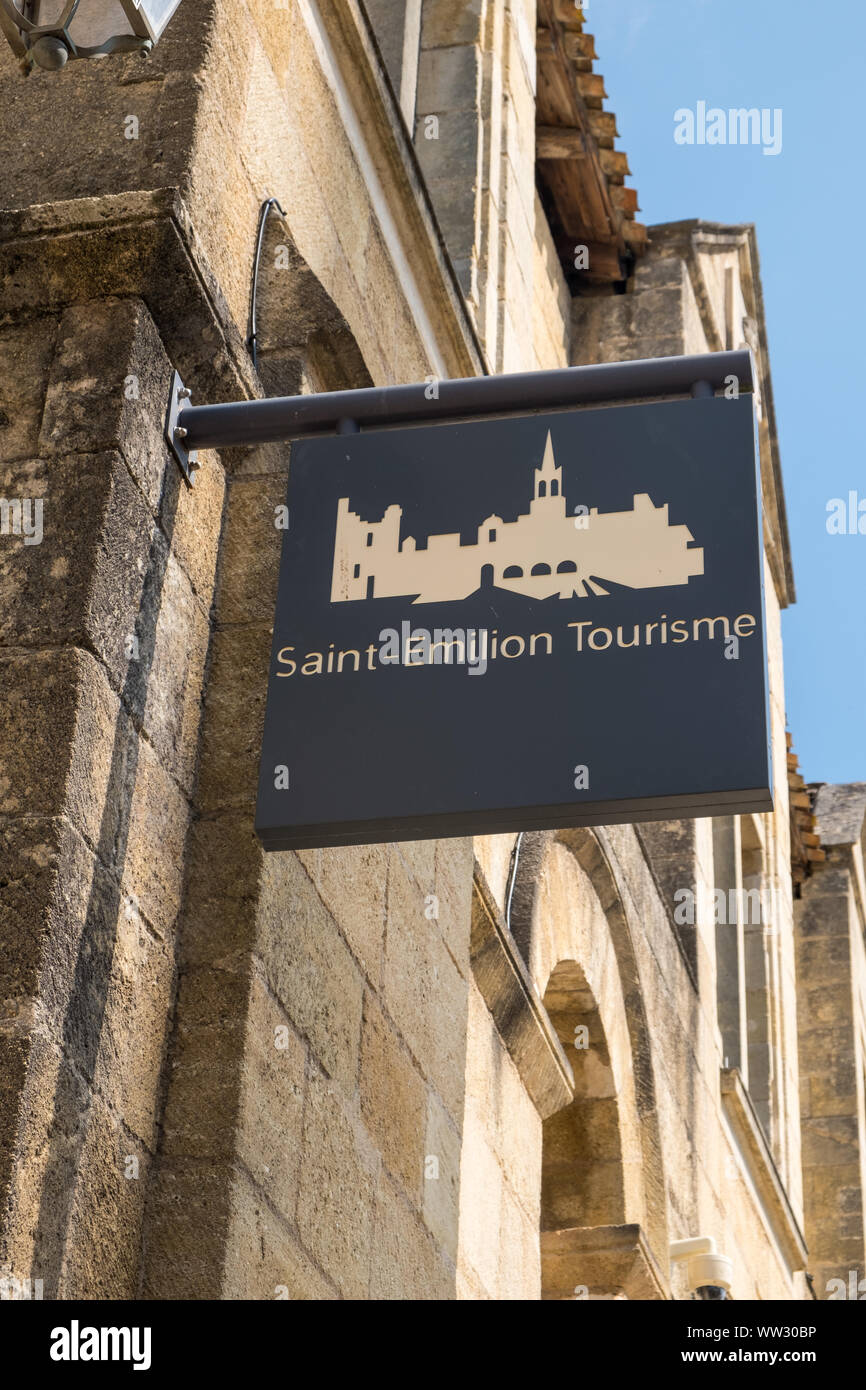Sign outside Saint-Emilion tourist office in the centre of the historic Unesco listed town of Saint-Emilion in Bordeaux, Gironde, France Stock Photo