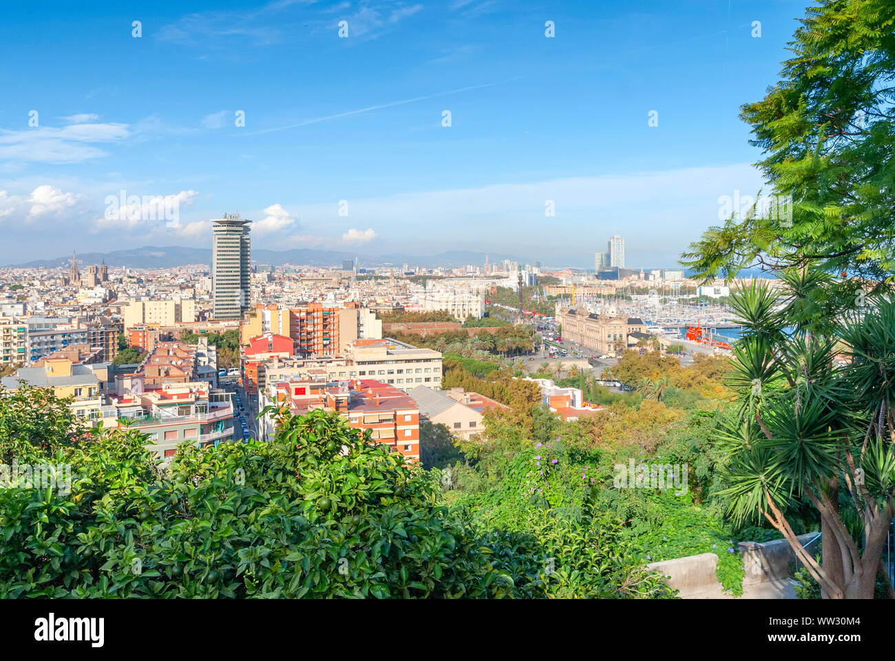 Panoramic aerial view of Barcelona in a beautiful summer day, Catalonia, Spain Stock Photo