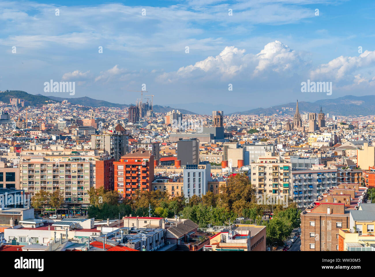 Panoramic aerial view of Barcelona in a beautiful summer day, Catalonia, Spain Stock Photo